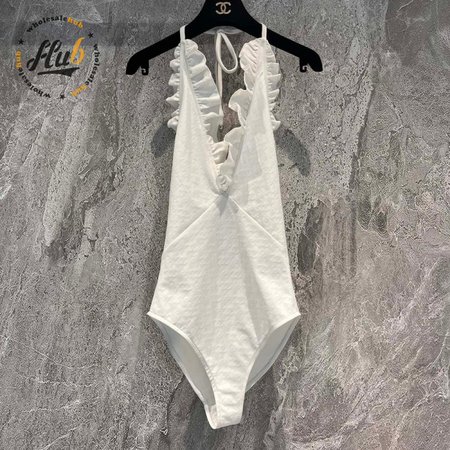 Chanel White Falbala One-Piece Swimsuit