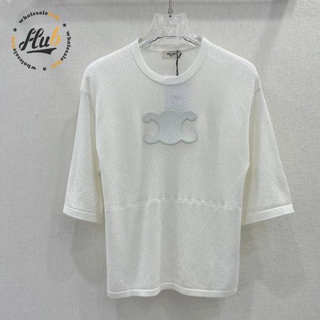 Celine Triomphe Perforated T-Shirt In Plonge Lambskin Optic White