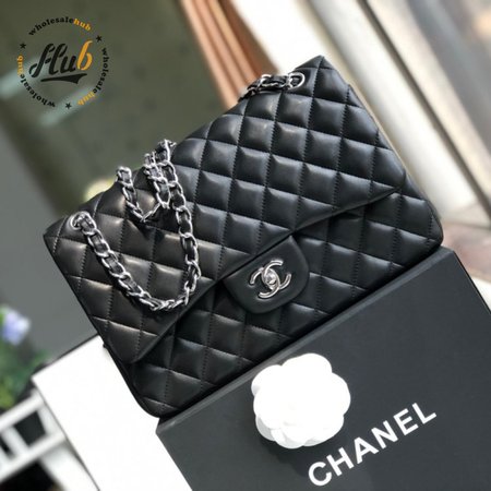 Chanel Classic Double Flap Quilted Lambskin Silver-tone Jumbo Black