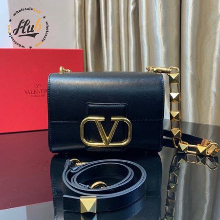 Valentino Garavani Stud VLOGO Grainy Calfskin Shoulder Bag in Black