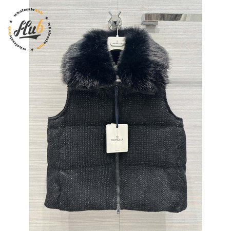Moncler Carrelet Fur-Collar Tweed Vest Black Women's