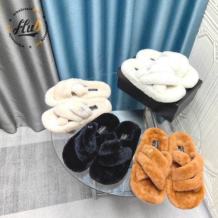 Chanel Women's Cross Band Slippers Fuzzy Slippers